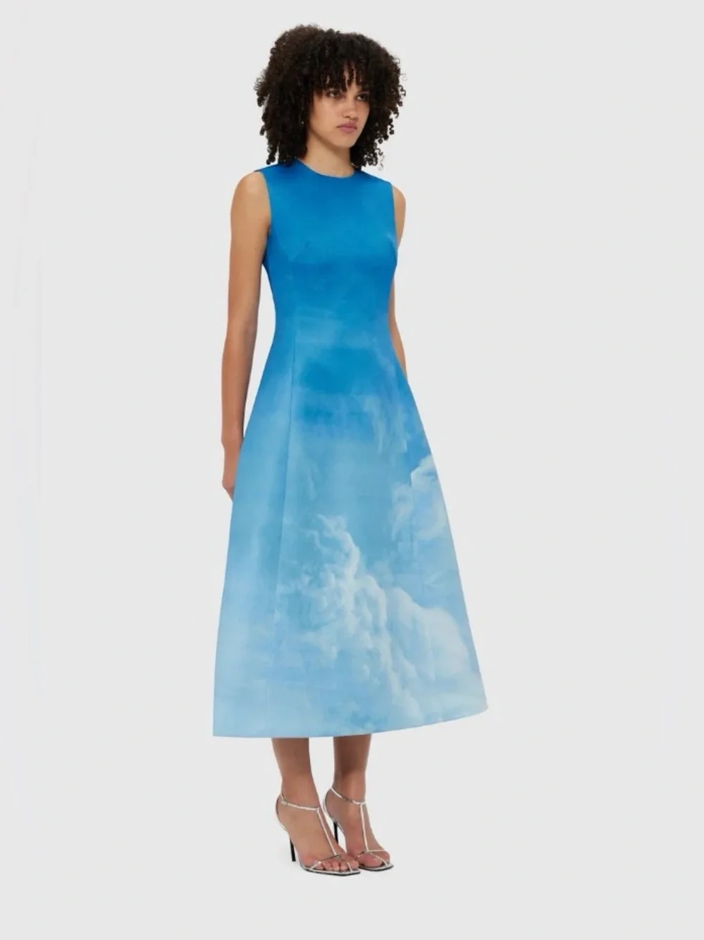 LEO LIN Cleo Blue Sky White Cloud Print Ombré Watercolor Midi Dress AU6/US2 NWOT